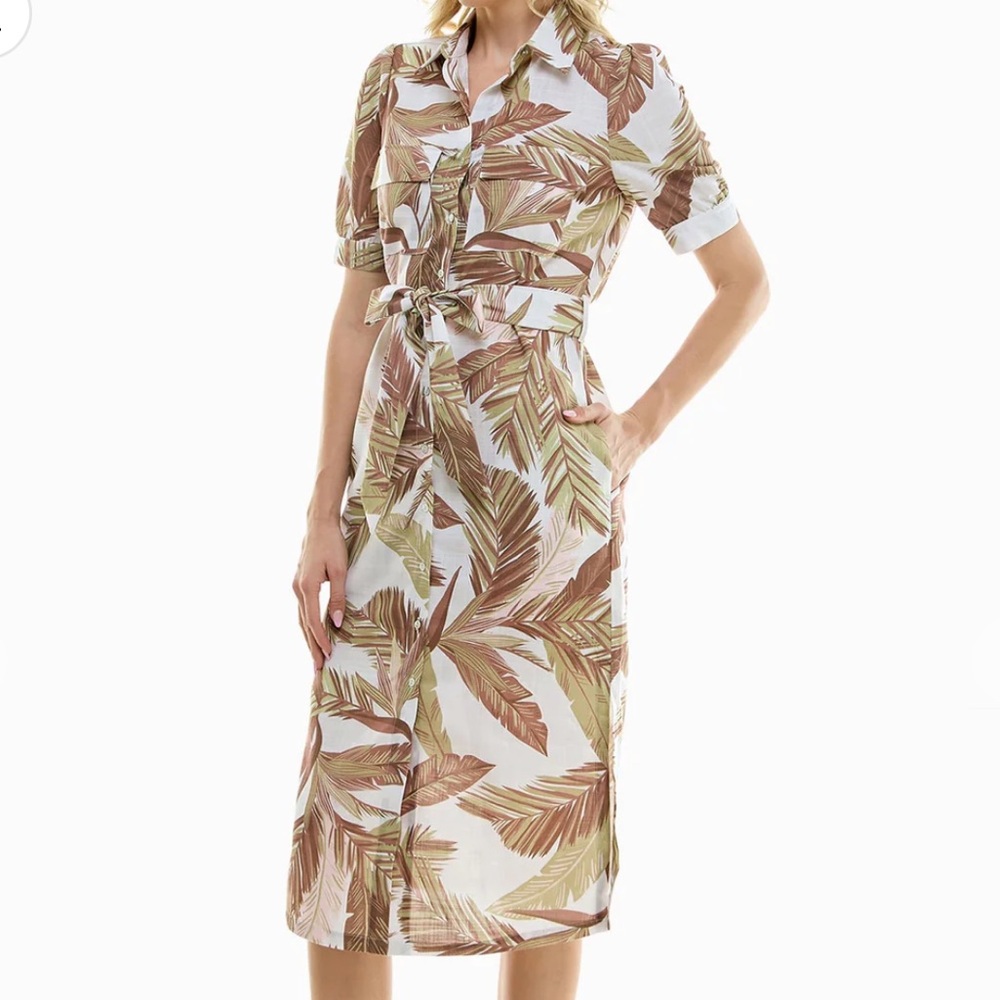 Nicole Miller NWOT Linen Short Sleeve Belted Shirt Dress NWOT